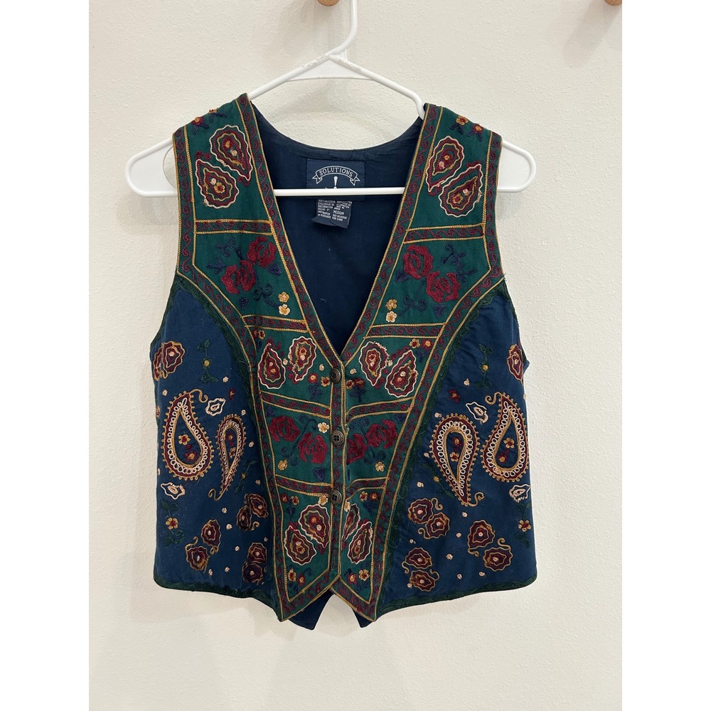 90's Solutions Vintage Embroidered Paisley Floral Cotton Vest Blue Green Size M